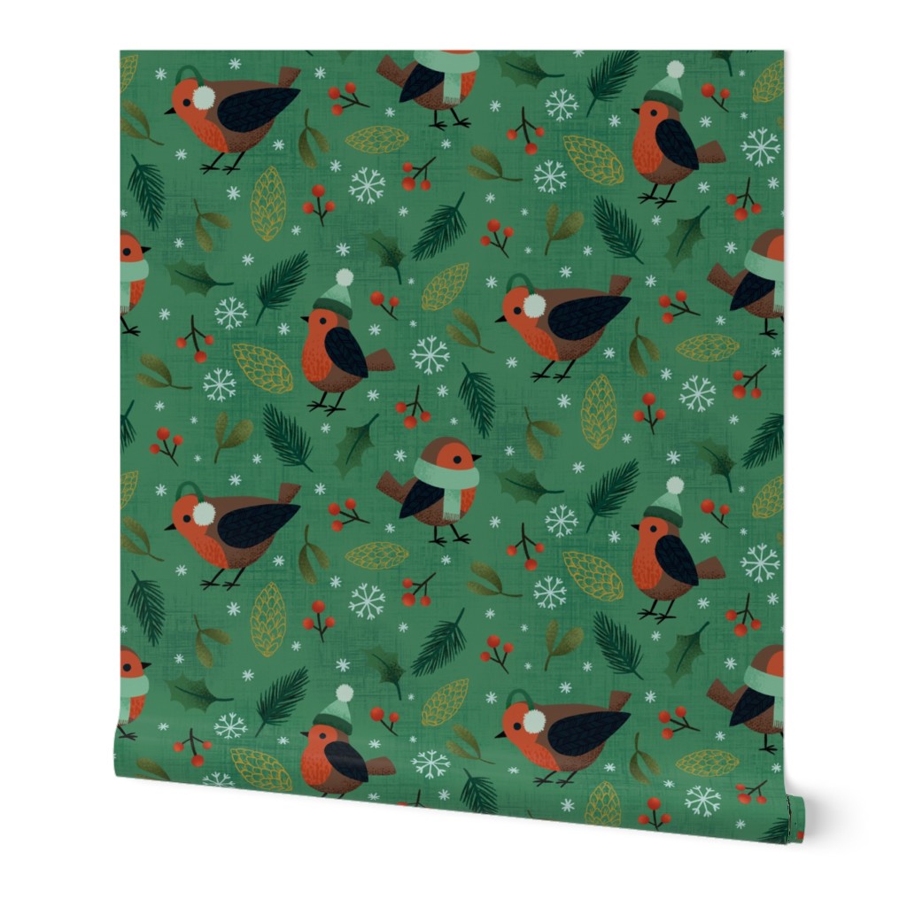 Christmas robins - green - large scale