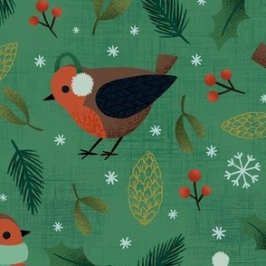 Christmas robins - green - large scale