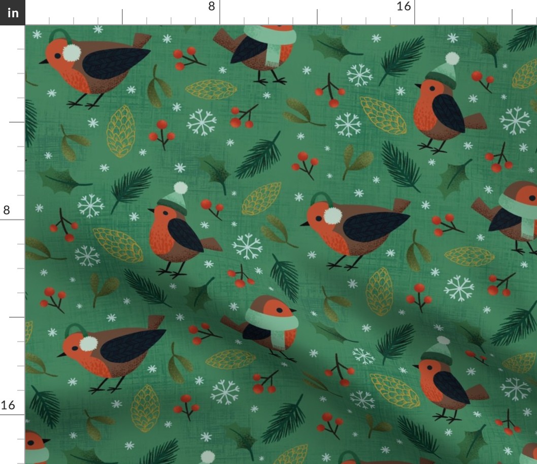 Christmas robins - green - large scale