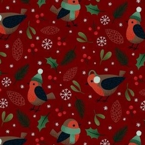 Christmas robins - dark red - small scale
