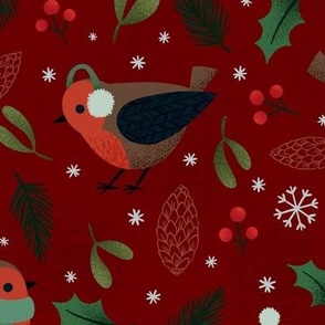 Christmas robins - dark red - large scale