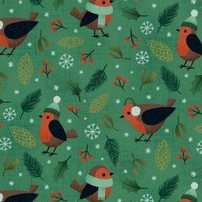 Christmas robins - green - small scale