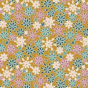 Outlined Pink and Teal Flowers on Mustard