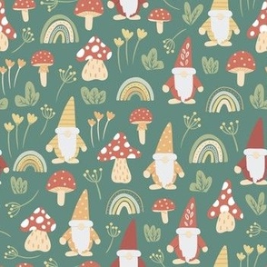 Gnomes World Pattern with mushrooms and rainbows in yellow, orange and green