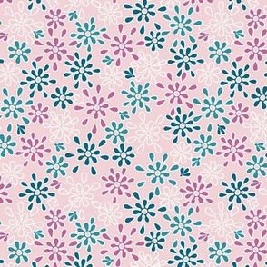 Outlined Pink and Teal Teardrop Flowers on Cotton Candy 2