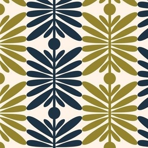 3" Motif Medium / Leaf Dot Stripe / Navy Blue and Khaki Green on Cream (j)