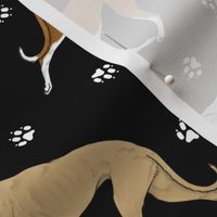 Trotting Greyhounds and paw prints - black
