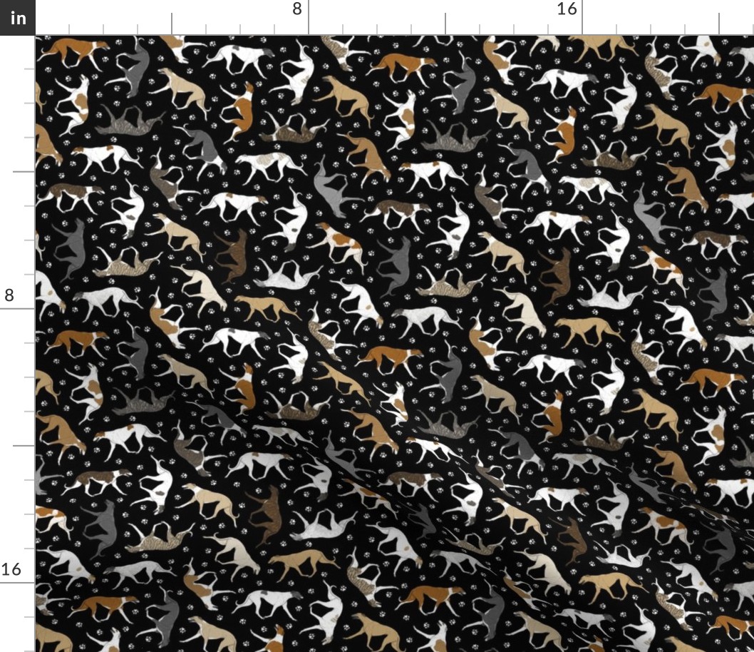 Tiny Trotting Greyhounds and paw prints - black