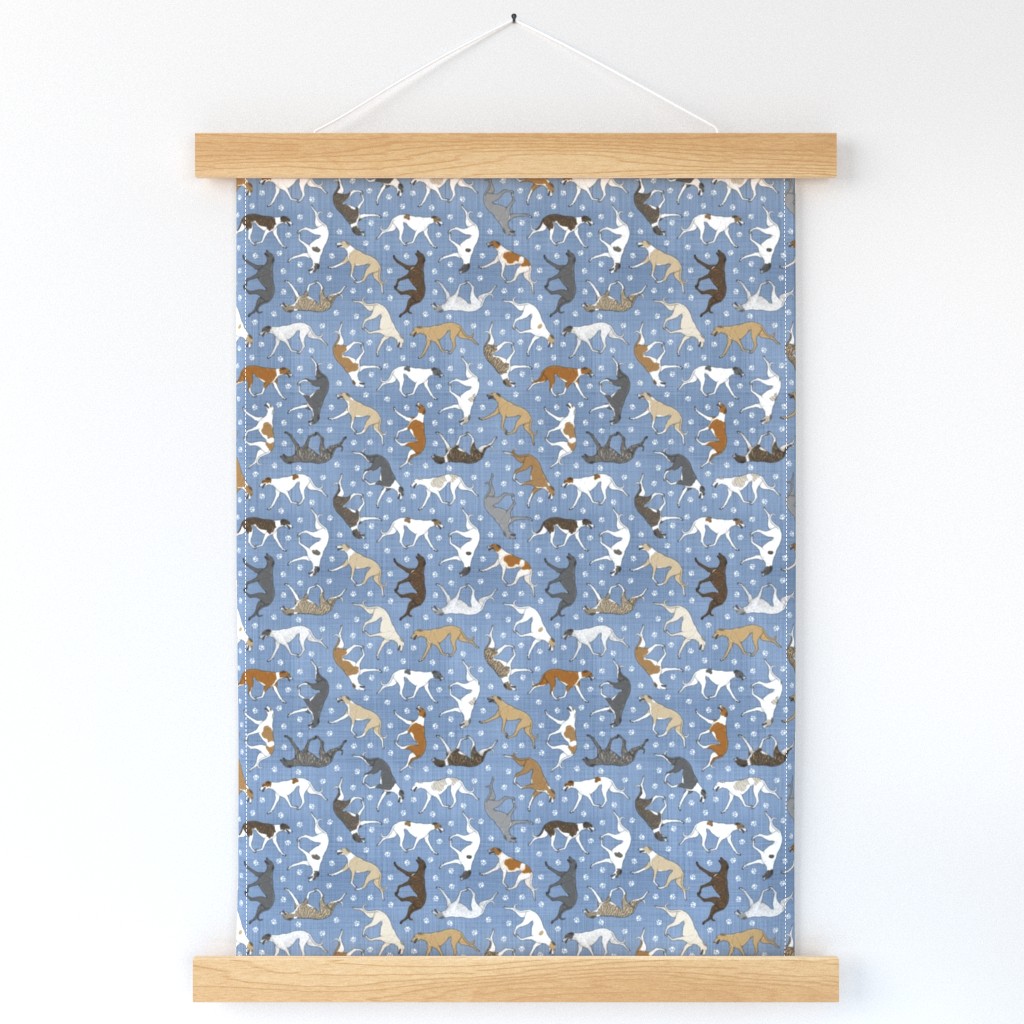 Tiny Trotting Greyhounds and paw prints - faux denim