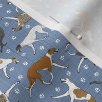 Tiny Trotting Greyhounds and paw prints - faux denim