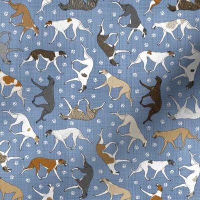 Tiny Trotting Greyhounds and paw prints - faux denim