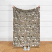 Trotting Greyhounds and paw prints - faux linen