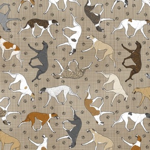 Trotting Greyhounds and paw prints - faux linen
