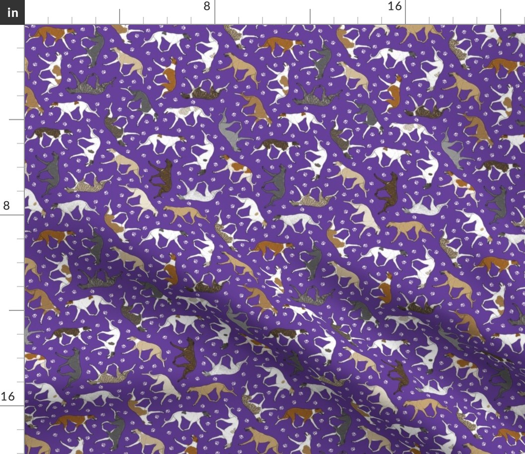 Tiny Trotting Greyhounds and paw prints - purple