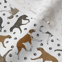 Tiny Trotting dark Greyhounds and paw prints - white