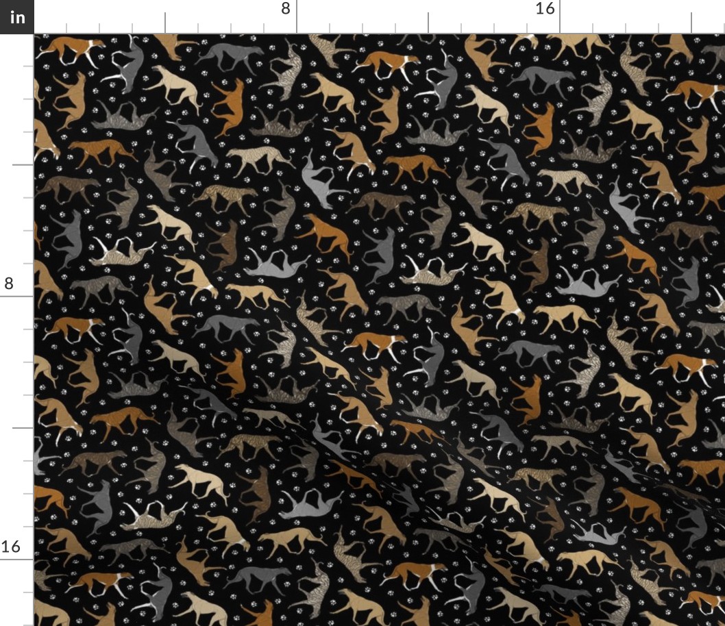 Tiny Trotting dark Greyhounds and paw prints - black