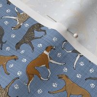 Tiny Trotting dark Greyhounds and paw prints - faux denim