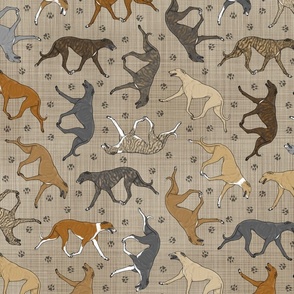 Trotting dark Greyhounds and paw prints - faux linen