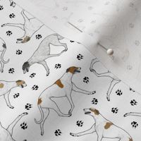 Tiny Trotting light Greyhounds and paw prints - white