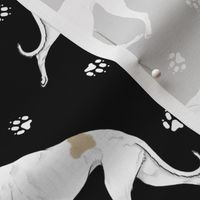 Trotting light Greyhounds and paw prints - black