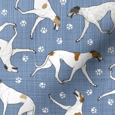 Trotting light Greyhounds and paw prints - faux denim