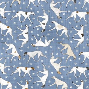 Trotting light Greyhounds and paw prints - faux denim