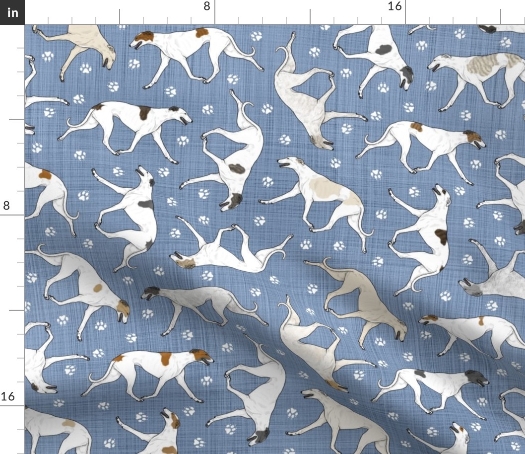 Trotting light Greyhounds and paw prints - faux denim