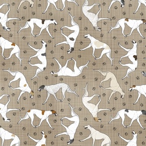 Trotting light Greyhounds and paw prints - faux linen