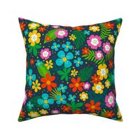 Large Scale Joyful Jungle Colorful Tropical Flowers and Leaves on Navy
