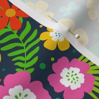 Large Scale Joyful Jungle Colorful Tropical Flowers and Leaves on Navy