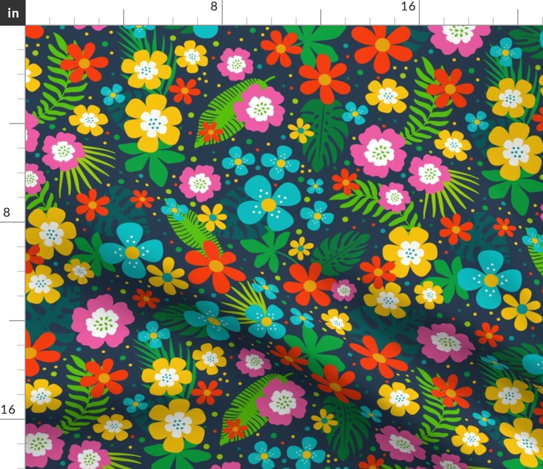 Large Scale Joyful Jungle Colorful Tropical Flowers and Leaves on Navy