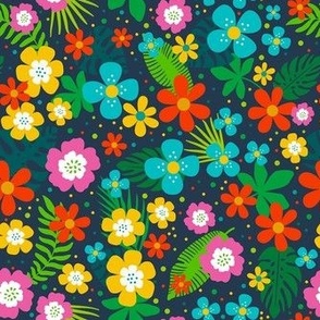 Medium Scale Joyful Jungle Colorful Tropical Flowers and Leaves on Navy