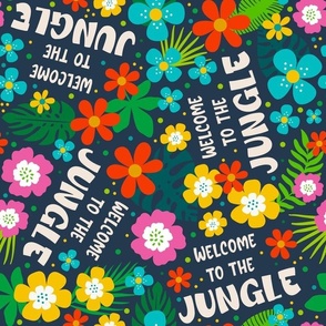 Large Scale Welcome to the Jungle Colorful Tropical Flowers and Leaves on Navy