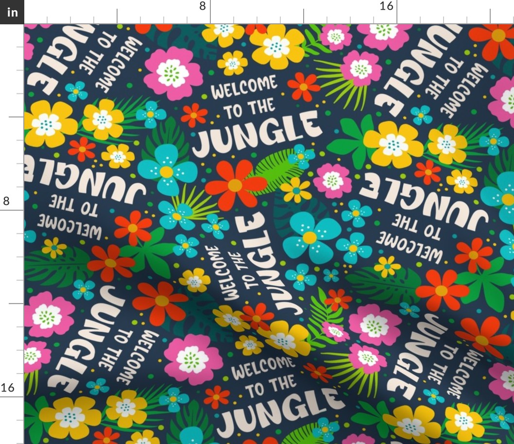 Large Scale Welcome to the Jungle Colorful Tropical Flowers and Leaves on Navy