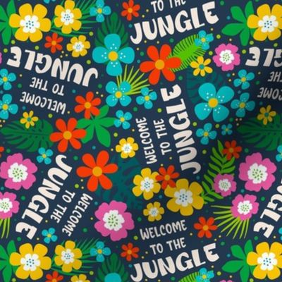 Medium Scale Welcome to the Jungle Colorful Tropical Flowers and Leaves on Navy