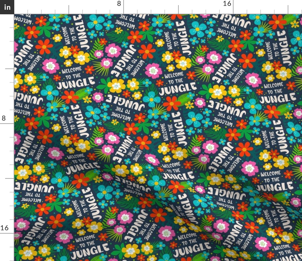 Medium Scale Welcome to the Jungle Colorful Tropical Flowers and Leaves on Navy