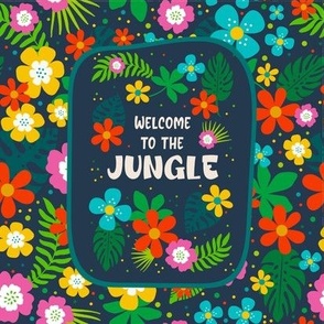 Welcome to the Jungle Colorful Tropical Flowers and Leaves on Navy  8.25" Square Panel