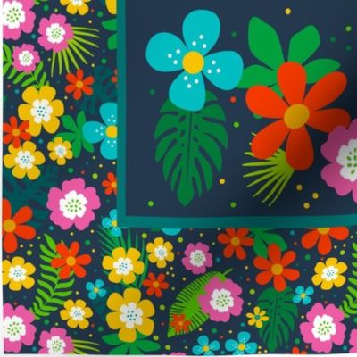 14x18 Panel Welcome to the Jungle Colorful Tropical Flowers and Leaves on Navy DIY Garden Flag Smaller Kitchen Hand Tea Towel or Wall Art