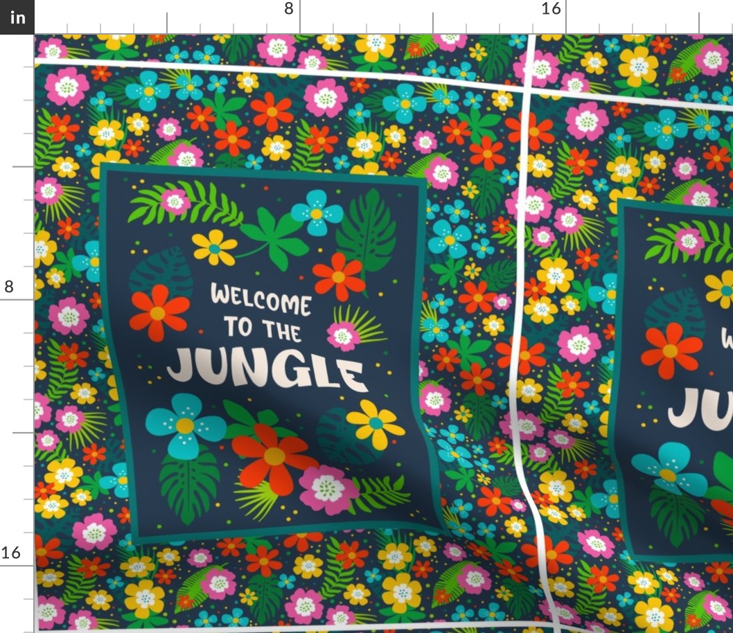 14x18 Panel Welcome to the Jungle Colorful Tropical Flowers and Leaves on Navy DIY Garden Flag Smaller Kitchen Hand Tea Towel or Wall Art