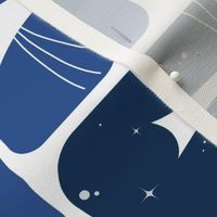 cats in my window at night - white cats on blue - tea towel and wall hanging