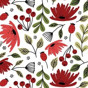 Ditsy modern floral- red and green on white medium 