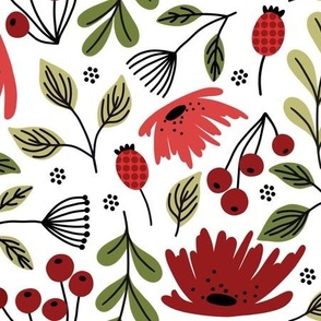 Ditsy modern floral - red and green on white large