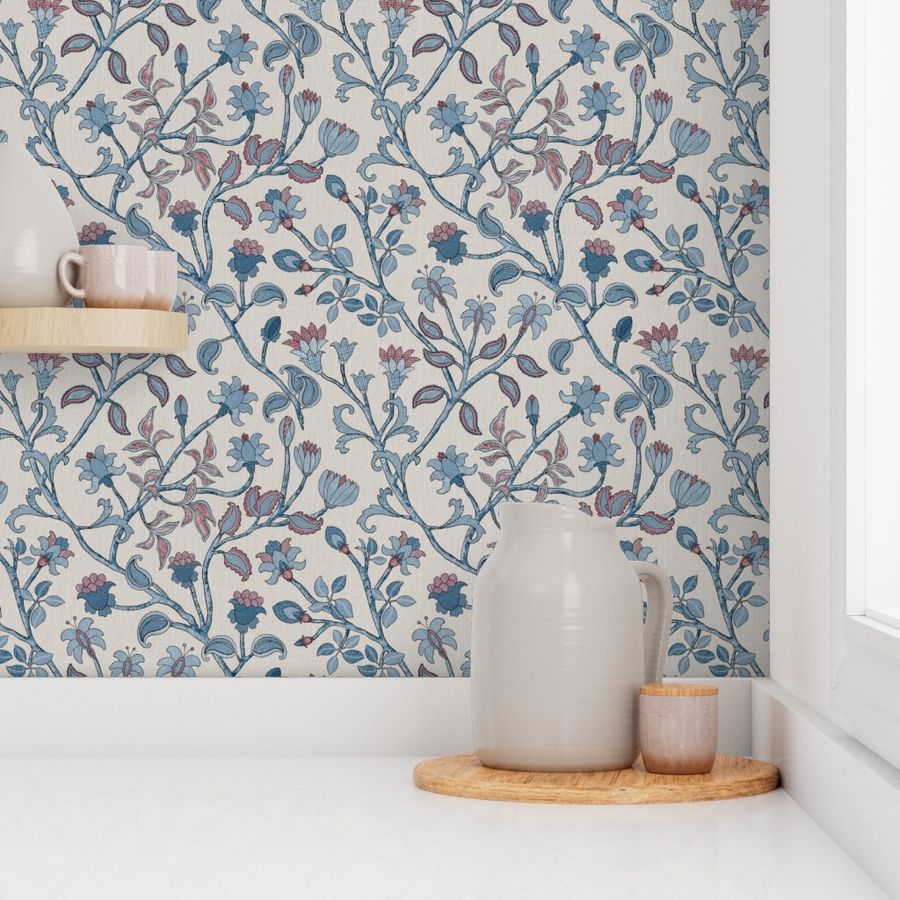 Jacobean Floral Fantasy.Blue.Red.Lge Wallpaper | Spoonflower