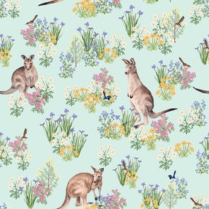  Australian Kangaroos, birds and wildflowers on mint green. Medium