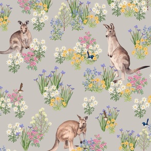  Australian Kangaroos, birds and wildflowers on light mushroom grey. Medium