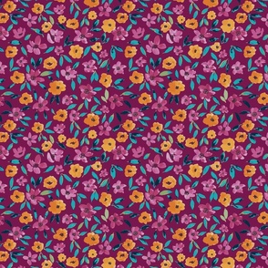Colourful flowers on burgundy background