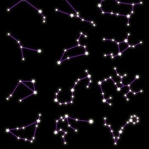 Celestial zodiac constellations stars glowing on night sky black
