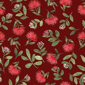 Christmas floral, watercolor pohutukawa in red and green on crimson  for girls dresses