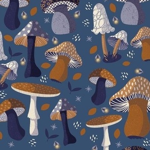 Woodland Mushrooms - Tan and Blue