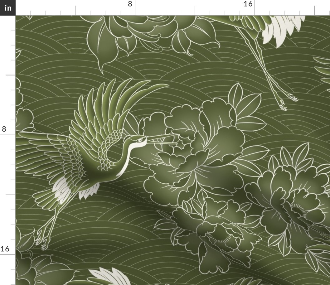 Large // Updated Japanese cranes, peonies and clouds on olive